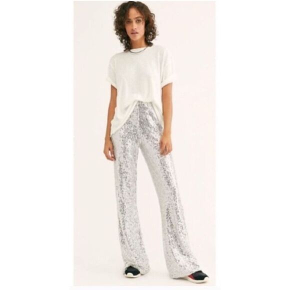 Free people silver sequin flare pants large - Picture 1 of 10